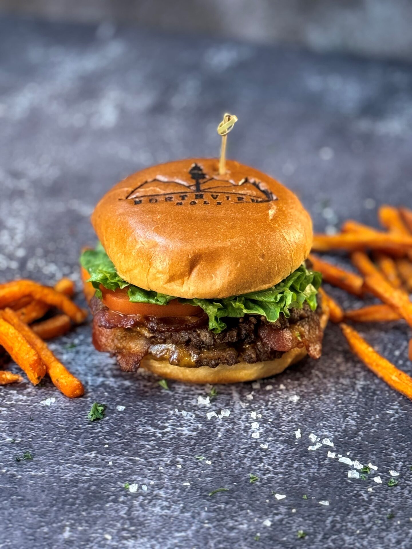Duffey's Sports Grill burger with sweet potato fries