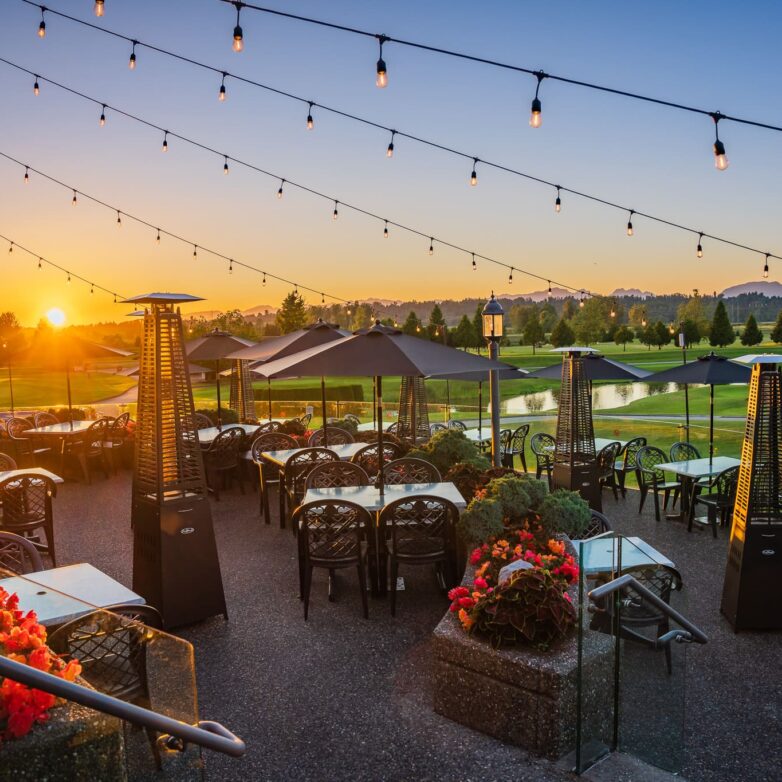 View of Duffey's Sports Grill patio during sunset