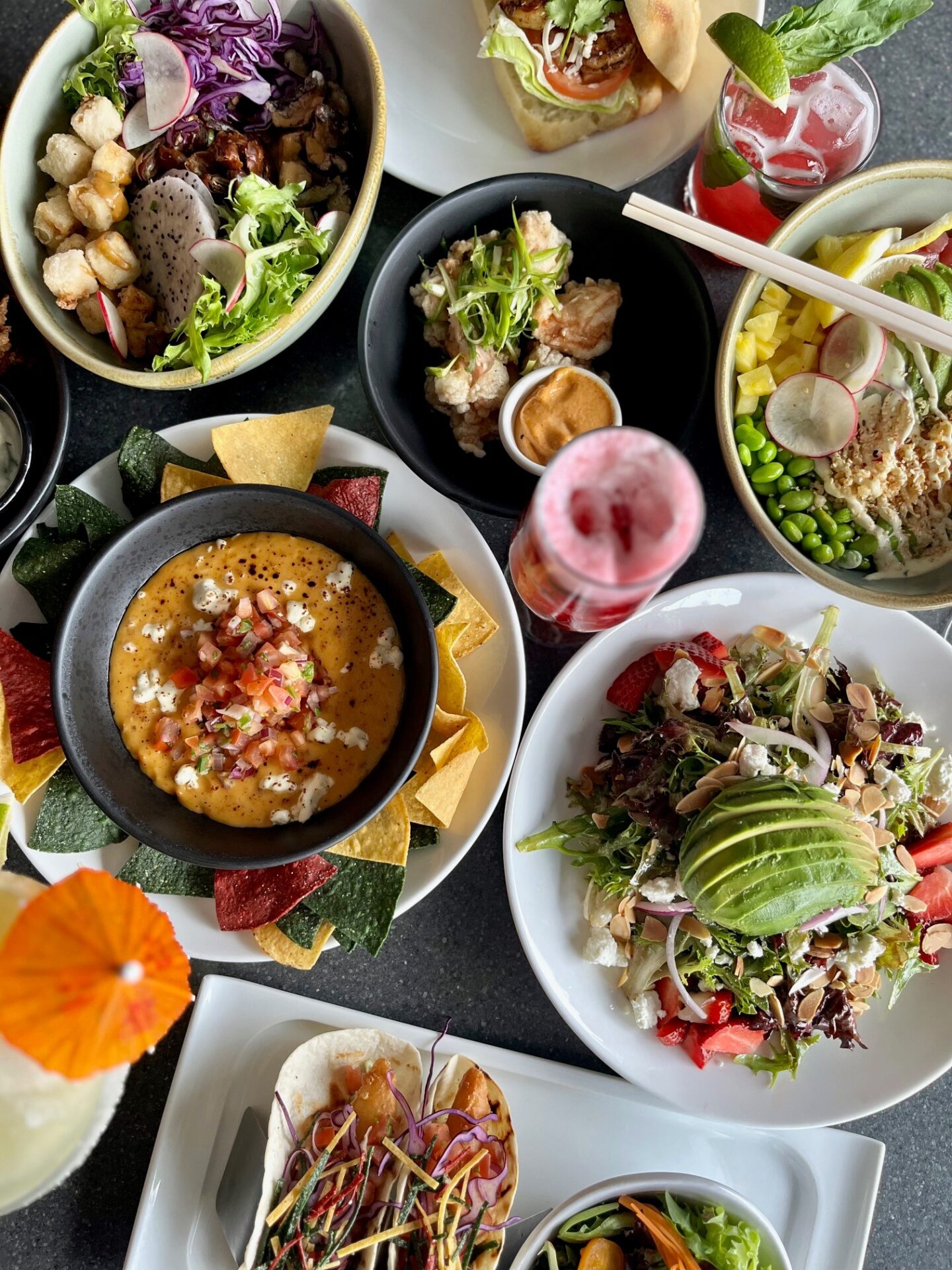 Top view of various dishes made at Duffey's Sports Grill