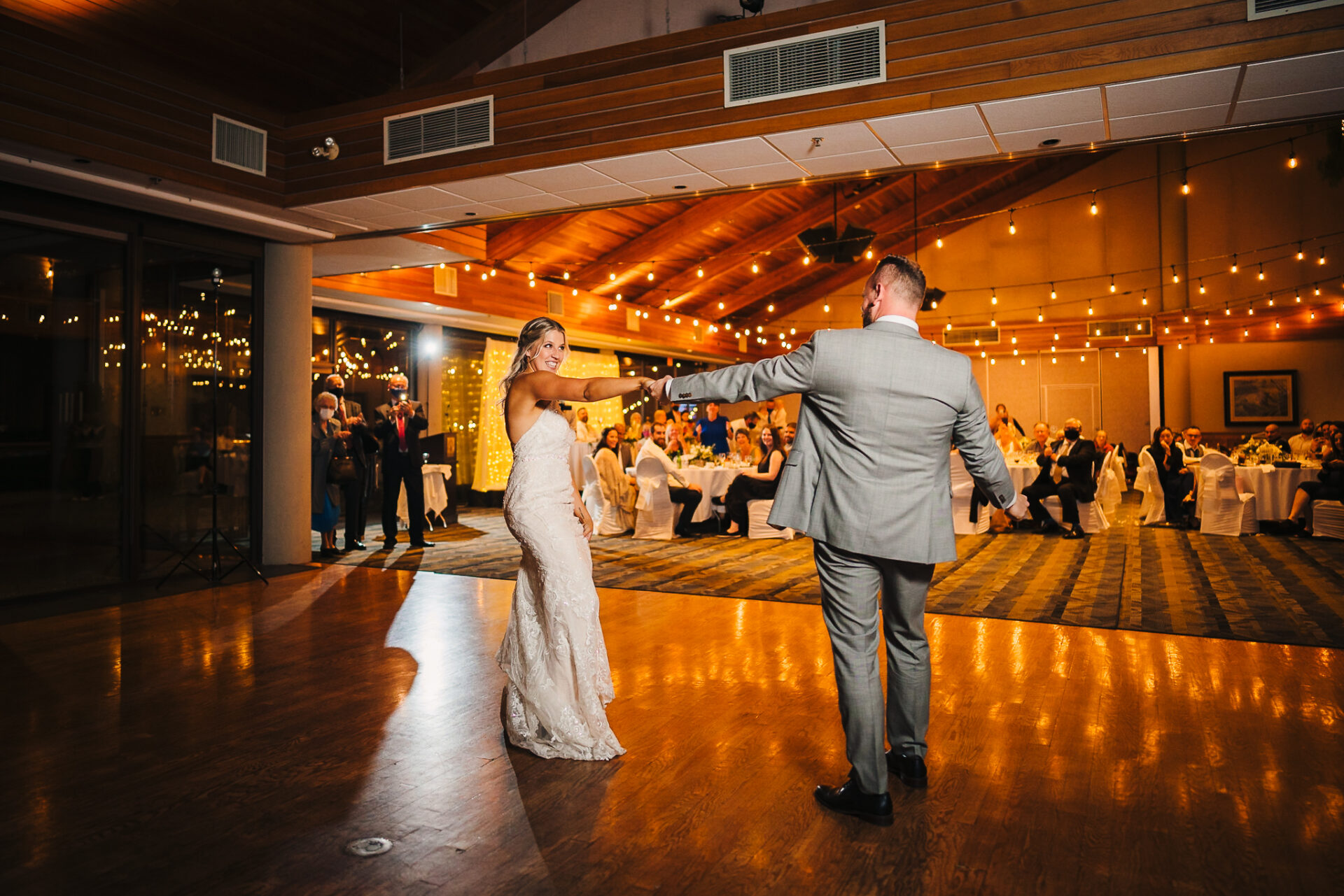 Bride and groom dancing together