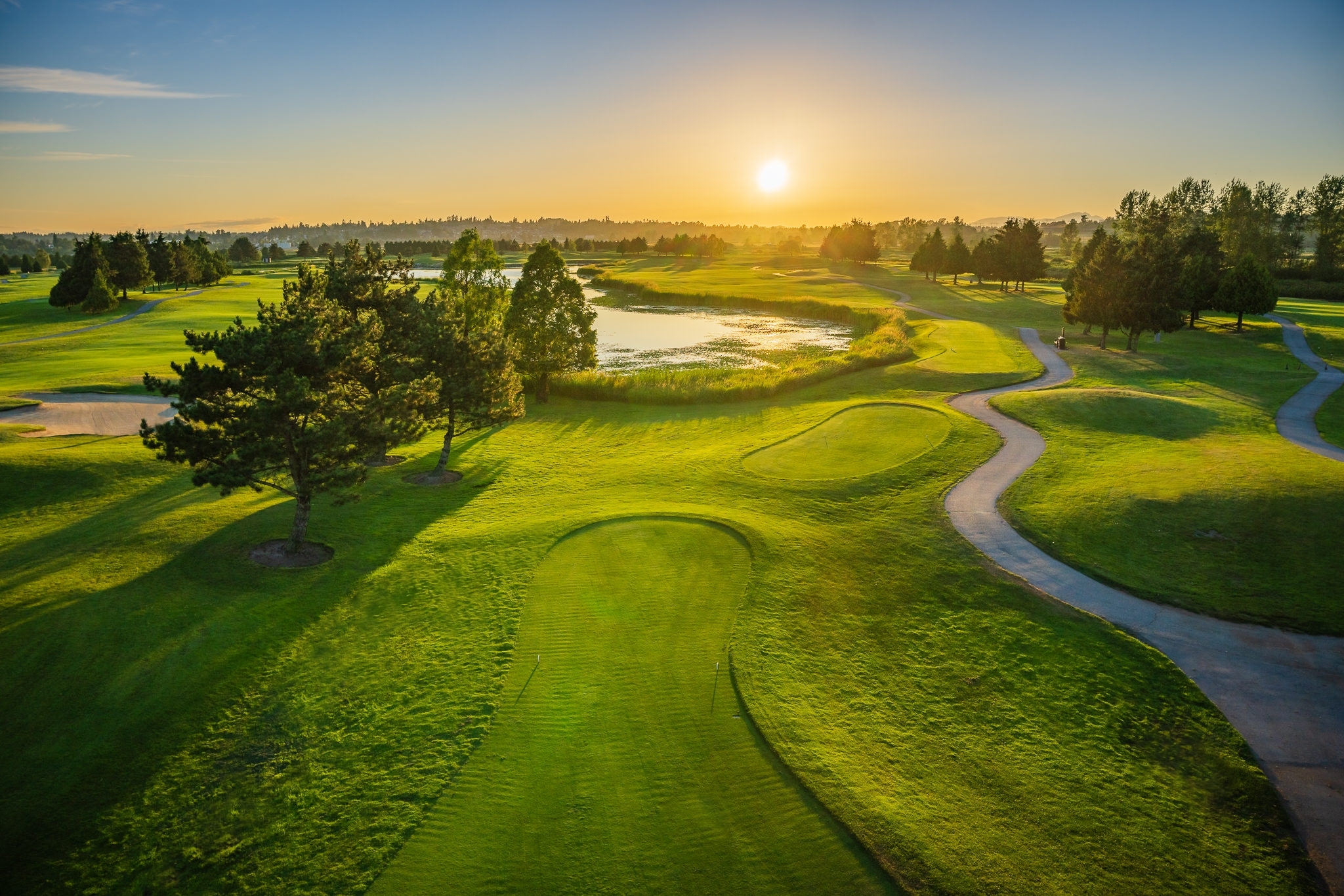 Aerial view of one of the courses during dawn or dusk
